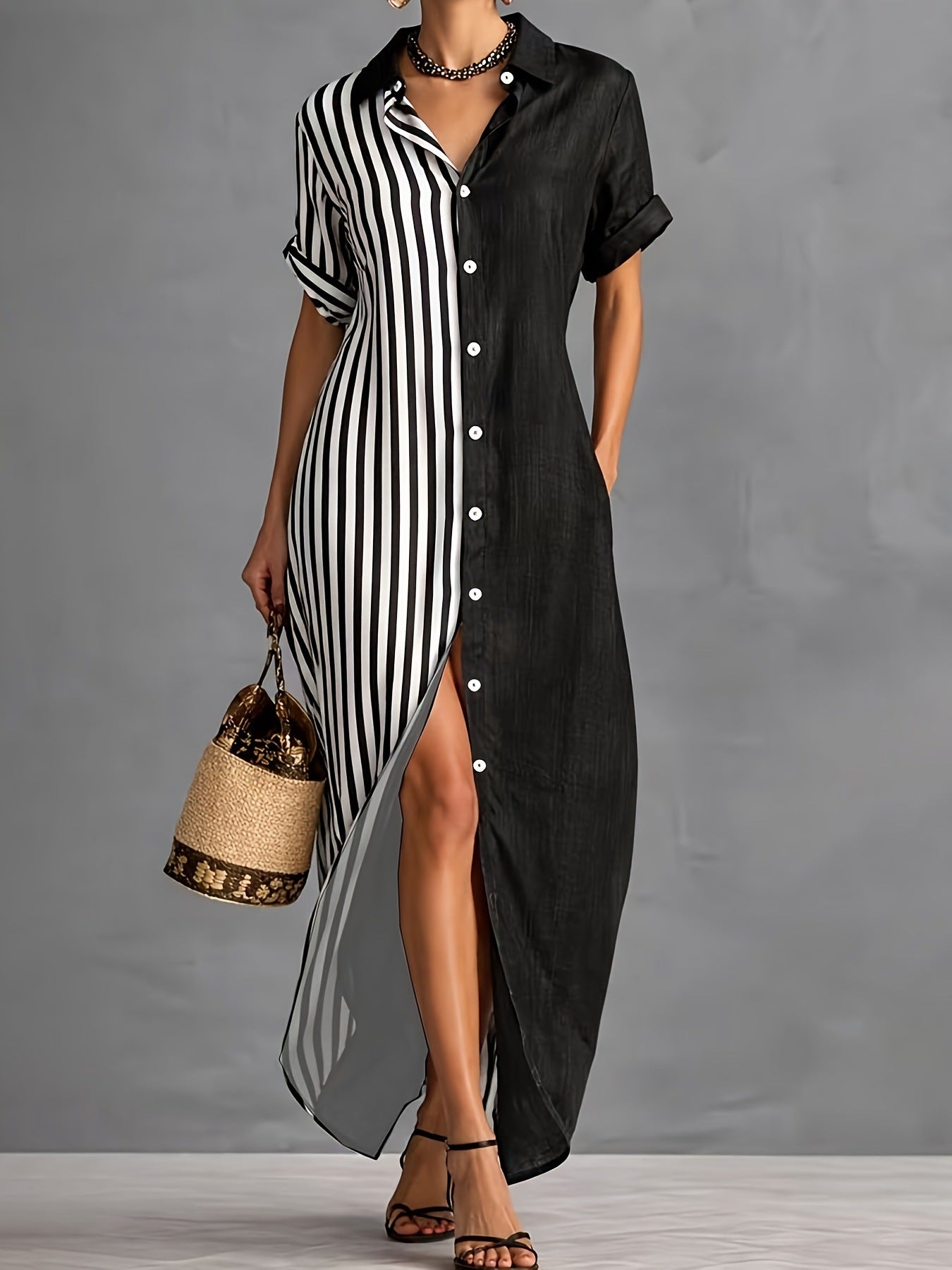 Robe chemise pour femmes à manches courtes avec col et imprimé géométrique
