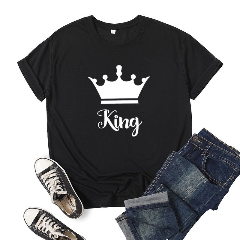 T-shirt en coton imprimé Roi Reine Couronne