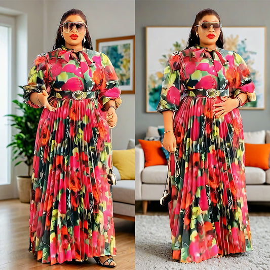 Habit :robe à col écharpe, manches bouffantes, imprimé à la taille, style affirmé