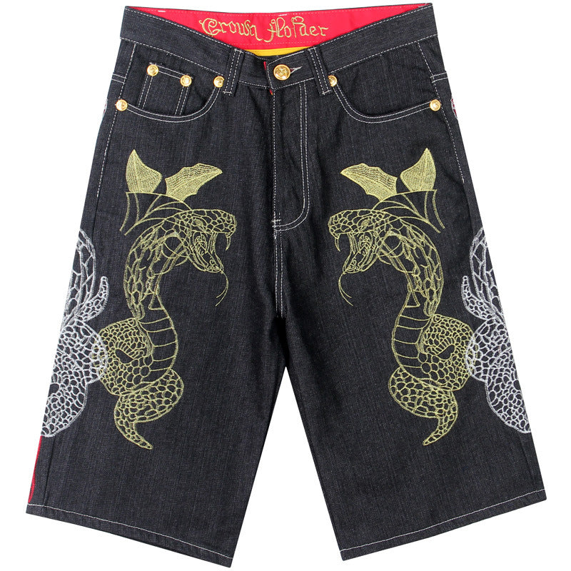 Shorts en jean brodés hip-hop pour hommes