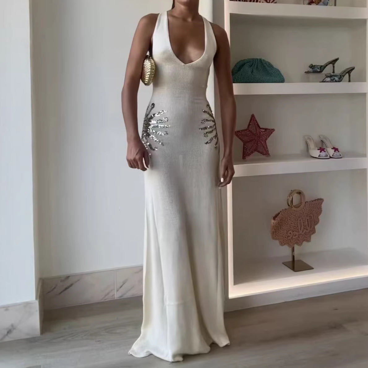 Robe tricotée à paillettes pour femmes, décolleté en V et dos nu