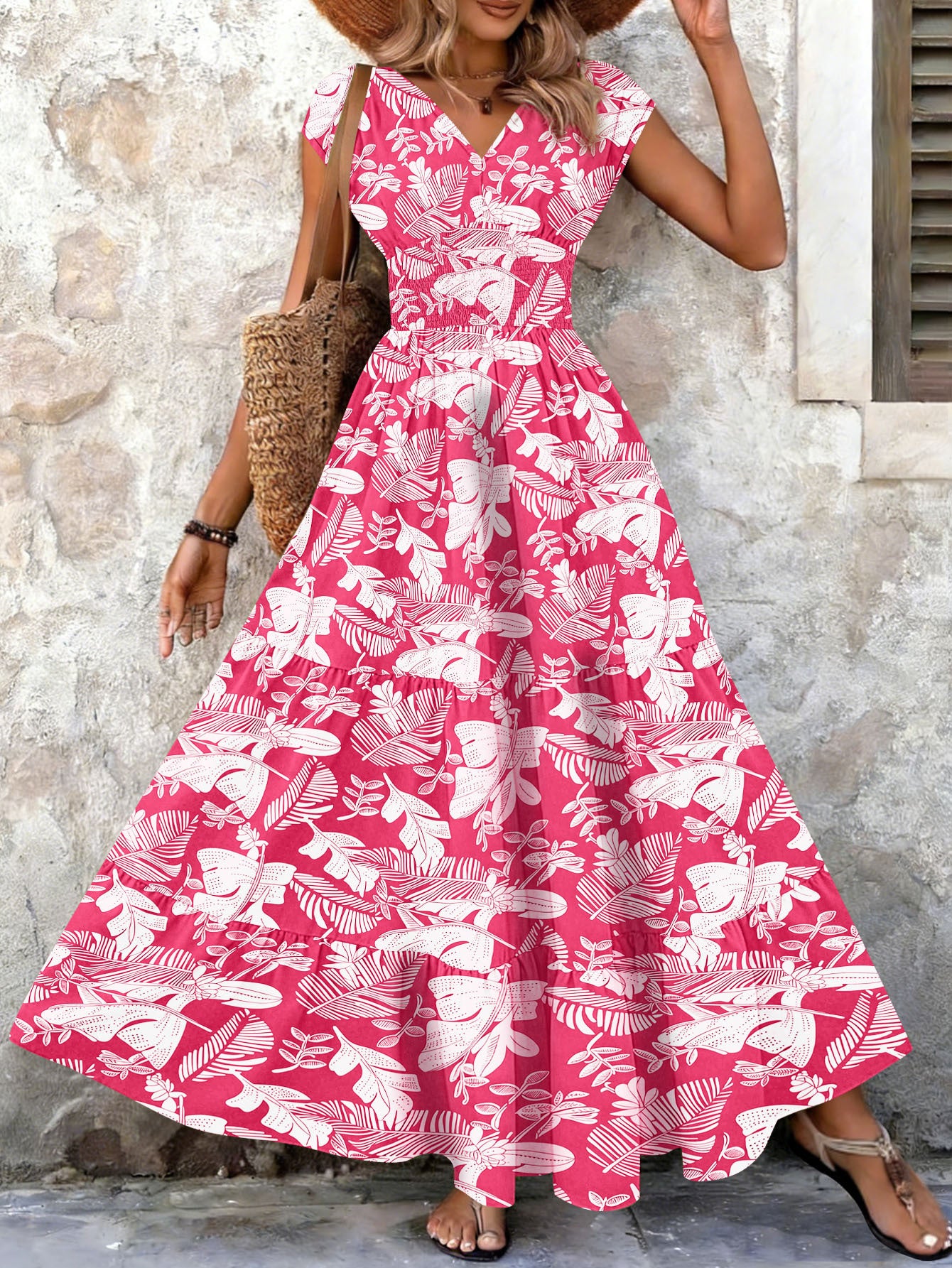 Robe rétro imprimée Robe élégante à manches courtes à col en V et à la mode