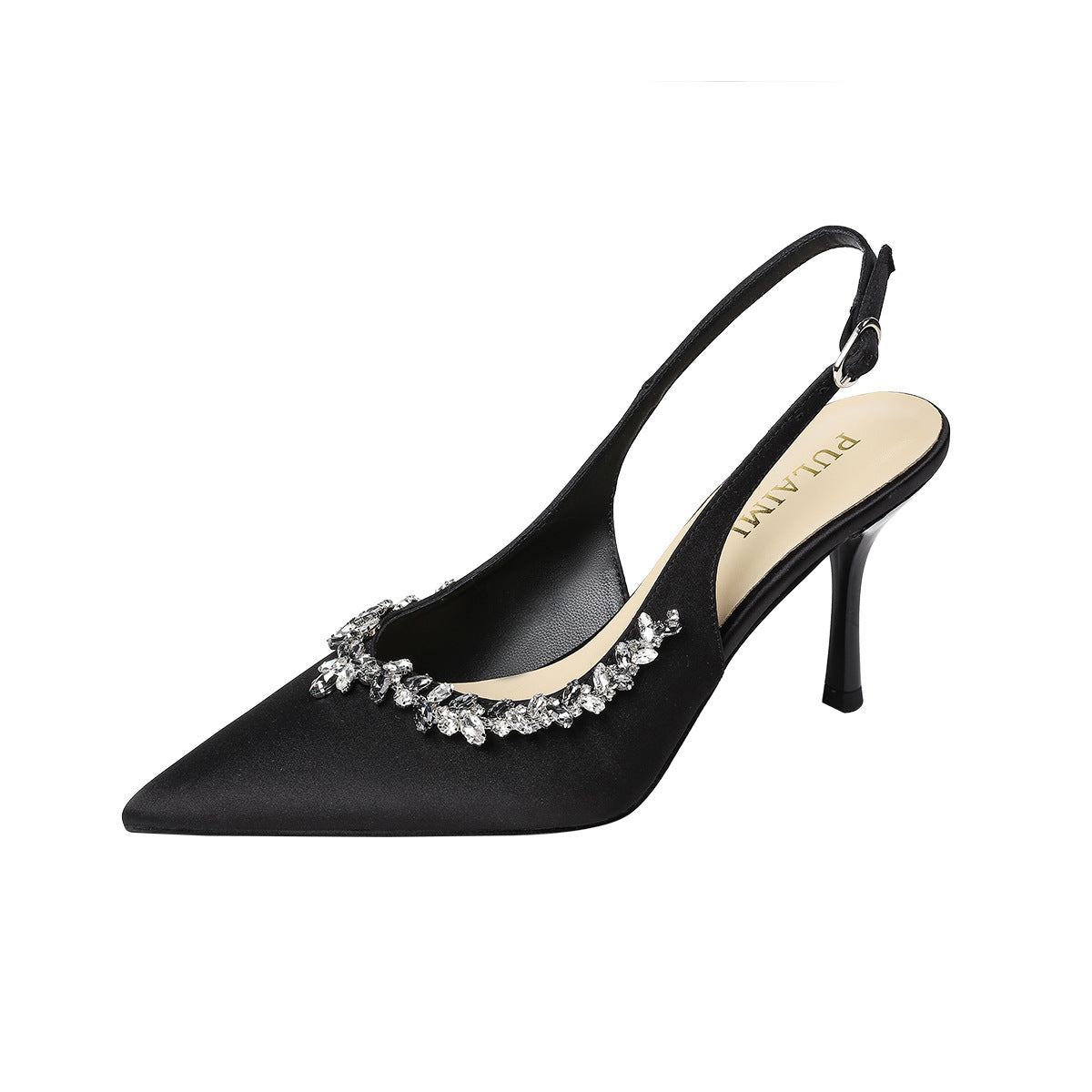 Chaussures :Sandales à talons aiguilles en satin à bout pointu et strass pour femmes