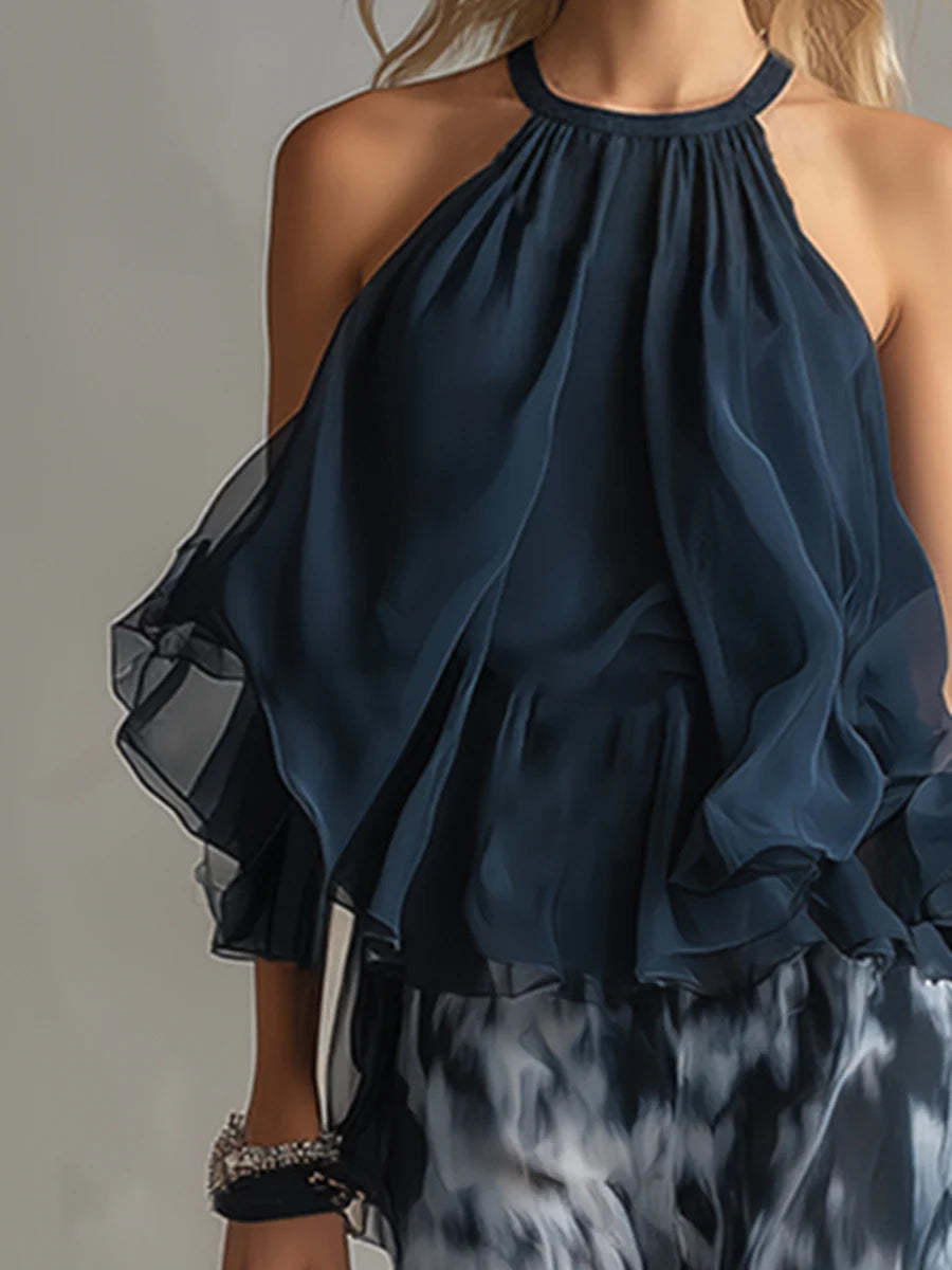 Ensemble haut sans manches à col licou et pantalon large imprimé