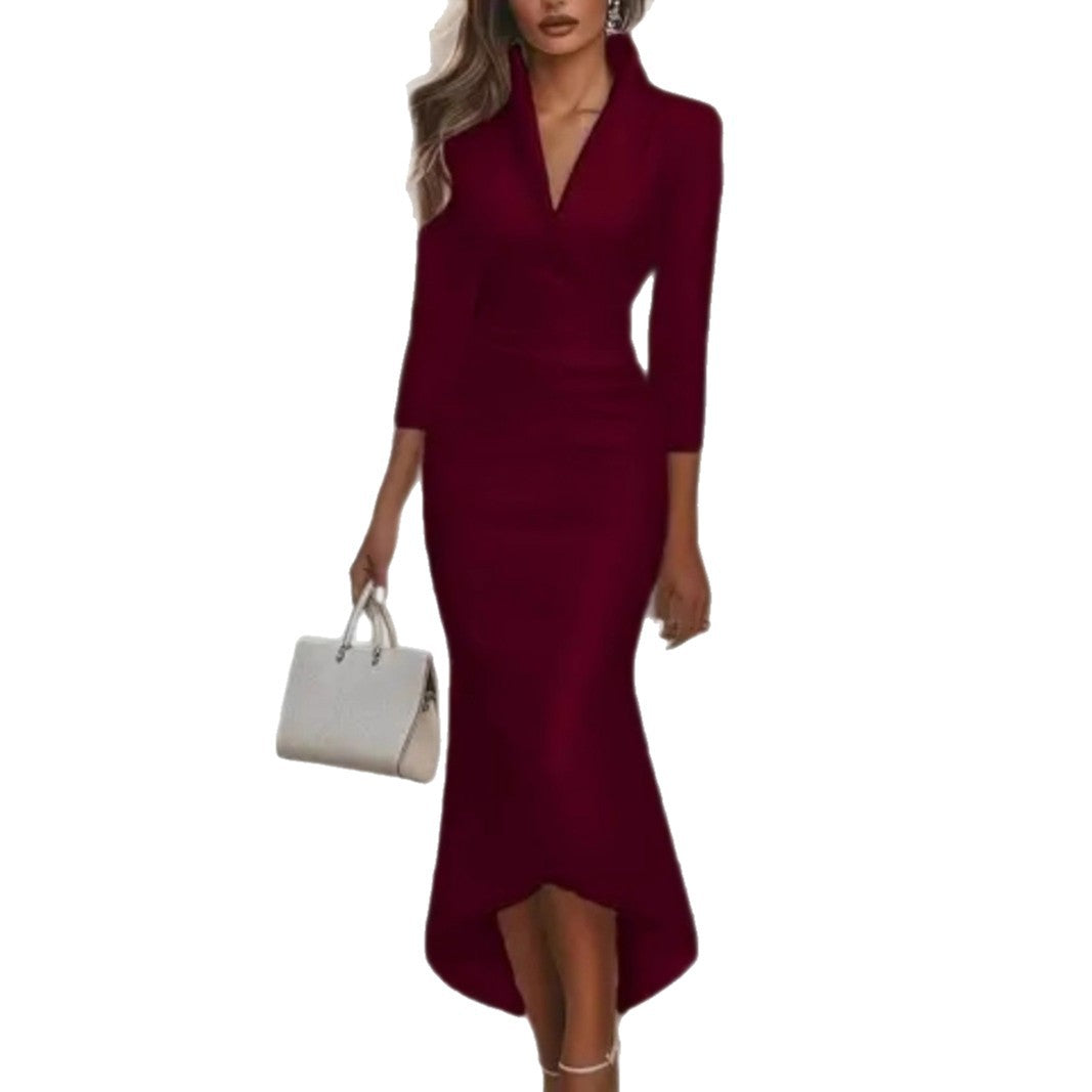 Robe en satin automnale élégante à manches longues et col en V couleur unie