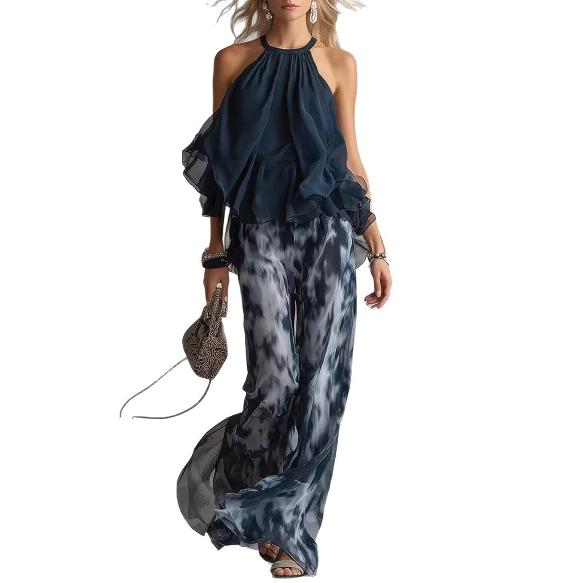 Ensemble haut sans manches à col licou et pantalon large imprimé