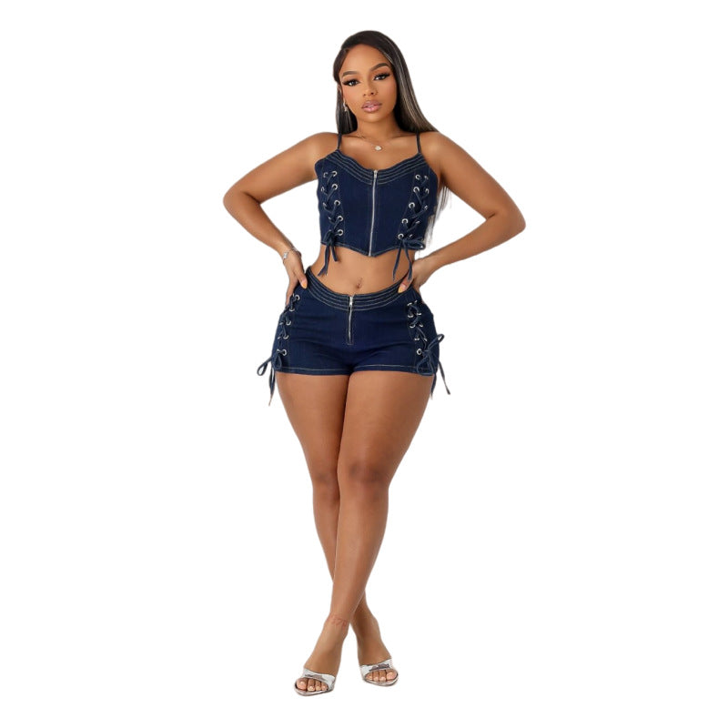 Ensemble gilet en jean à lacets et short élastique
