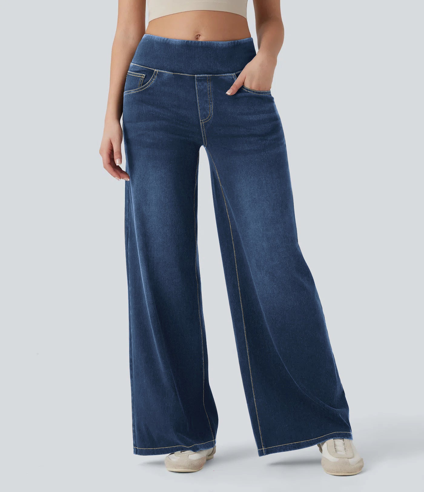 Pantalon en jean femme taille haute à jambes larges et élastique