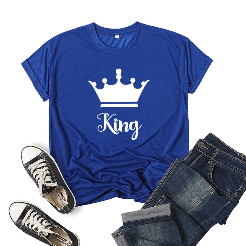 T-shirt en coton imprimé Roi Reine Couronne