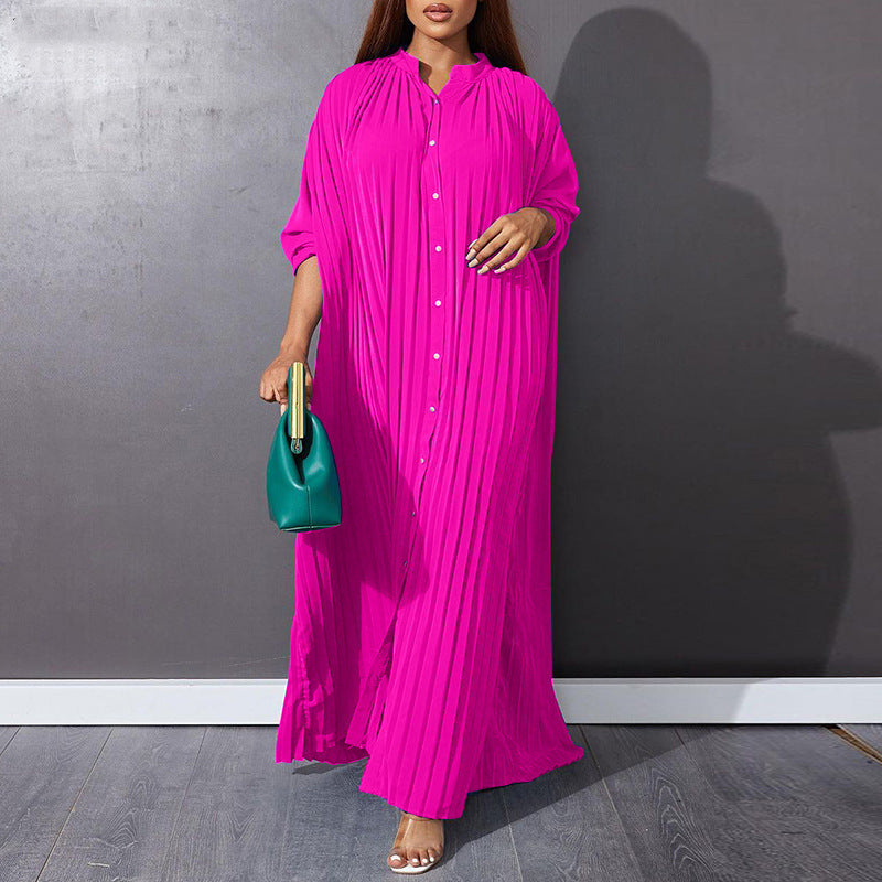 Robe chemise décontractée à manches longues plissée unie boutonnée