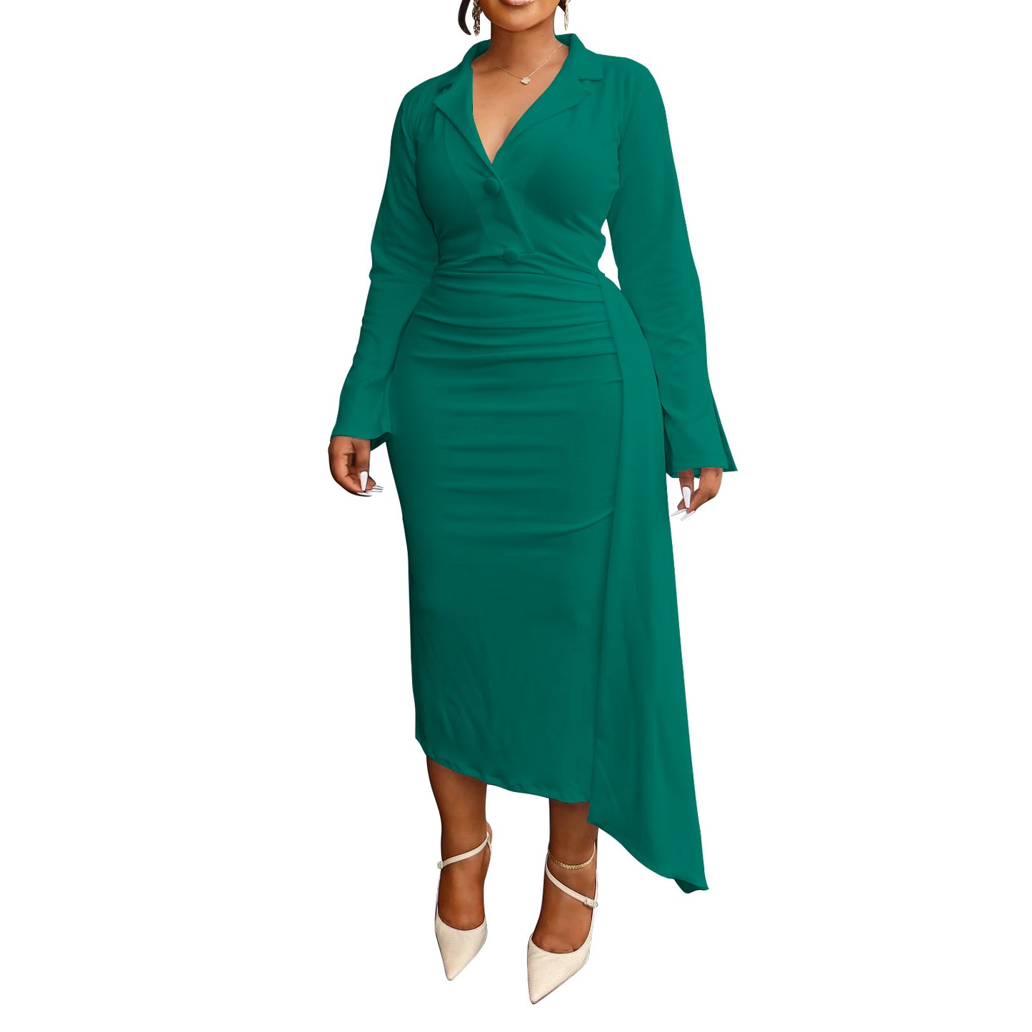 Habit :Robe plissée à col en V pour femme