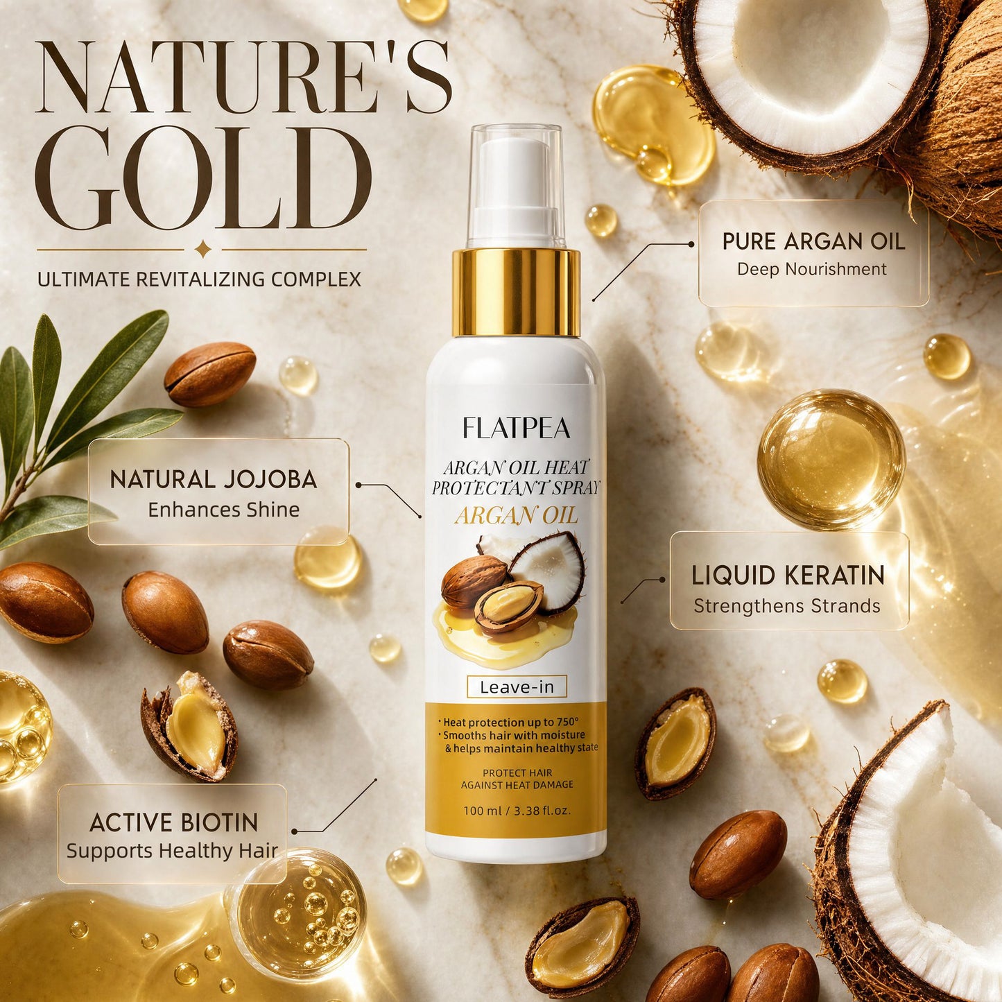 Spray Protecteur de Chaleur pour Cheveux à l'Huile d'Argan Marocaine