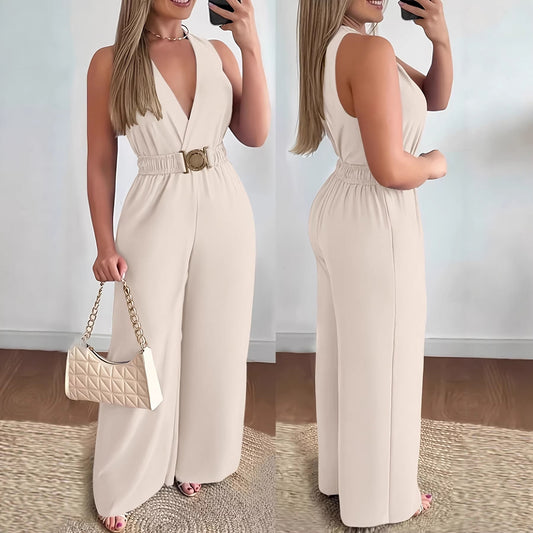Habit :Combinaison femme sans manches à col en V profond et jambes larges