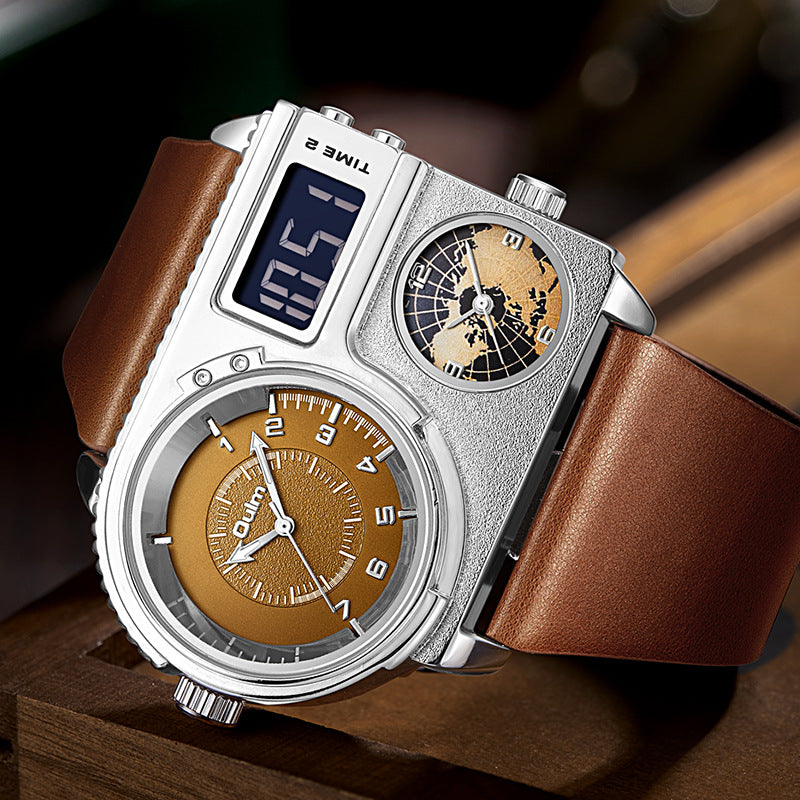Montre quartz pour hommes à double affichage trois mouvements avec fonction lumineuse