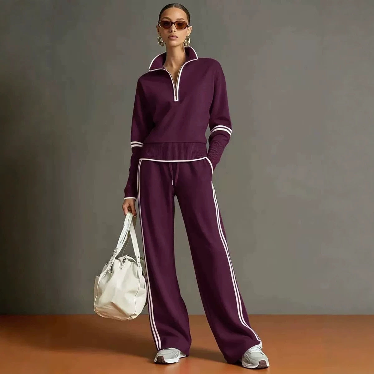Habit :Ensemble décontracté sweat-shirt à col droit et pantalon à jambes larges