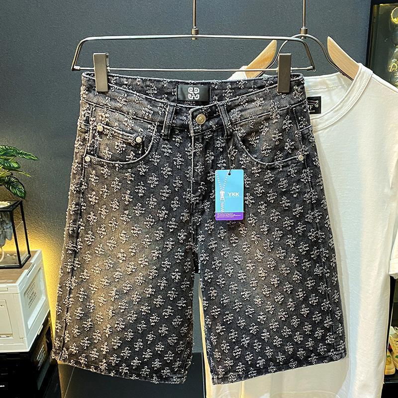 Shorts en denim de style américain 2024 pour hommes, été, coupe droite ample, déchirés, jacquard, haut de gamme, pantalon mi-long