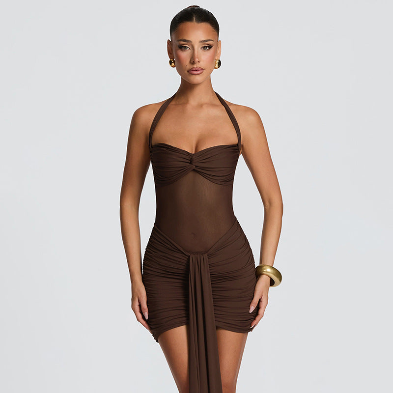 Robe courte dos nu en maille unie pour femme