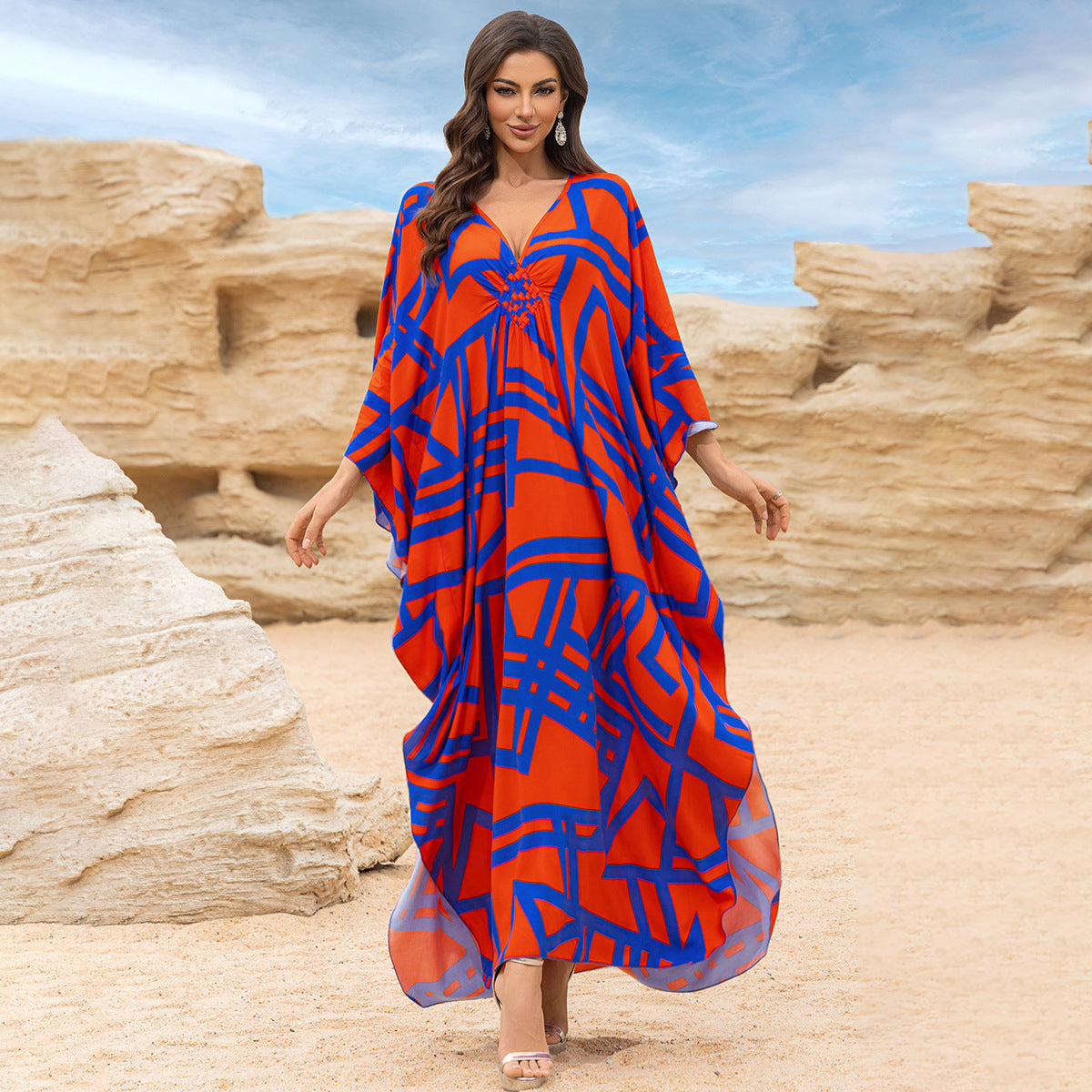 Robe longue de plage imprimée en coton pour femme, robe longue ample, paréo, vêtement de protection solaire