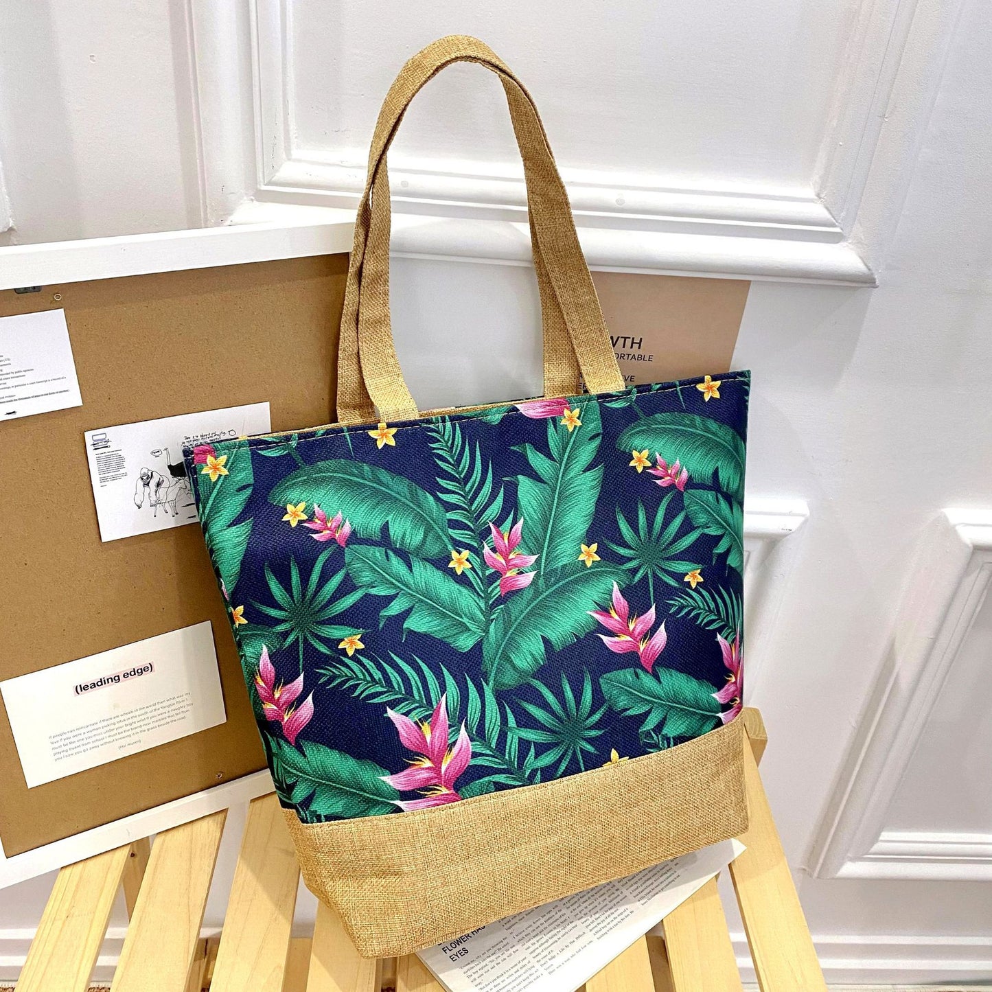 Sac fourre-tout artistique en coton et lin avec fermeture éclair