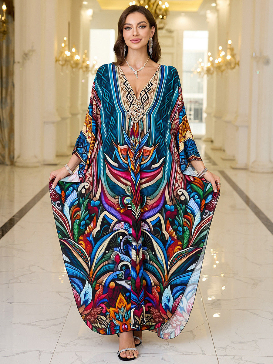 Robe longue de plage imprimée en coton pour femme, robe longue ample, paréo, vêtement de protection solaire