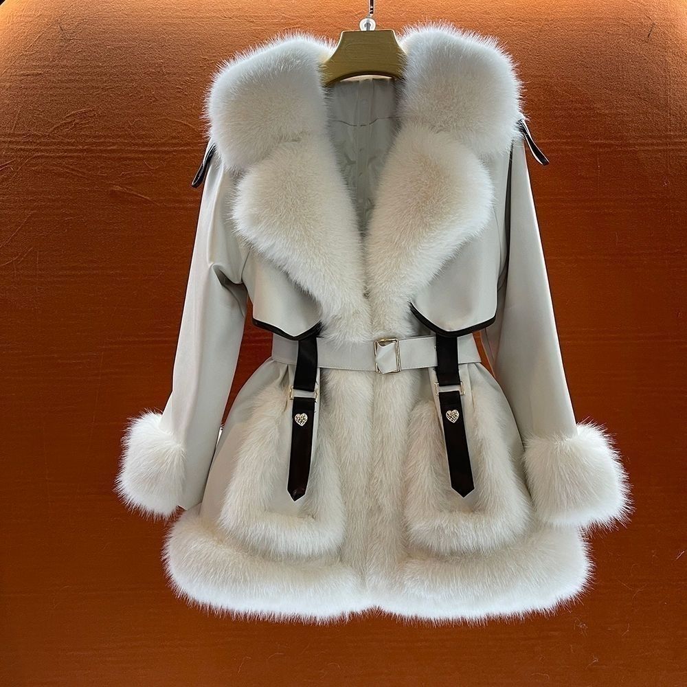 Manteau en fourrure mi-long pour femmes avec grand col en fourrure et ceinture