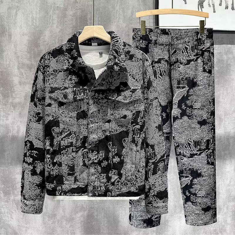 Veste de travail en jean jacquard rétro pour hommes, coupe slim
