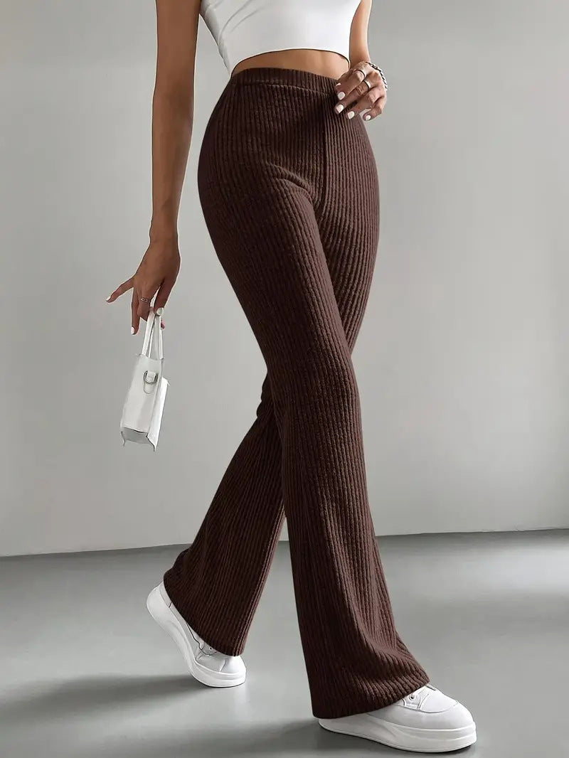 Pantalon évasé pour femmes, pantalon en tricot côtelé uni décontracté
