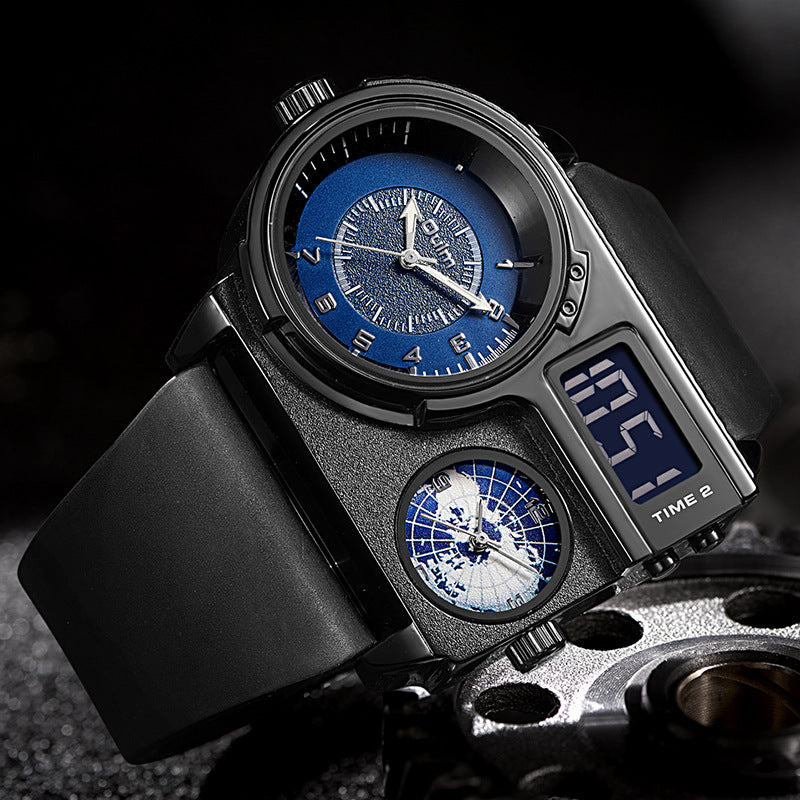 Montre quartz pour hommes à double affichage trois mouvements avec fonction lumineuse
