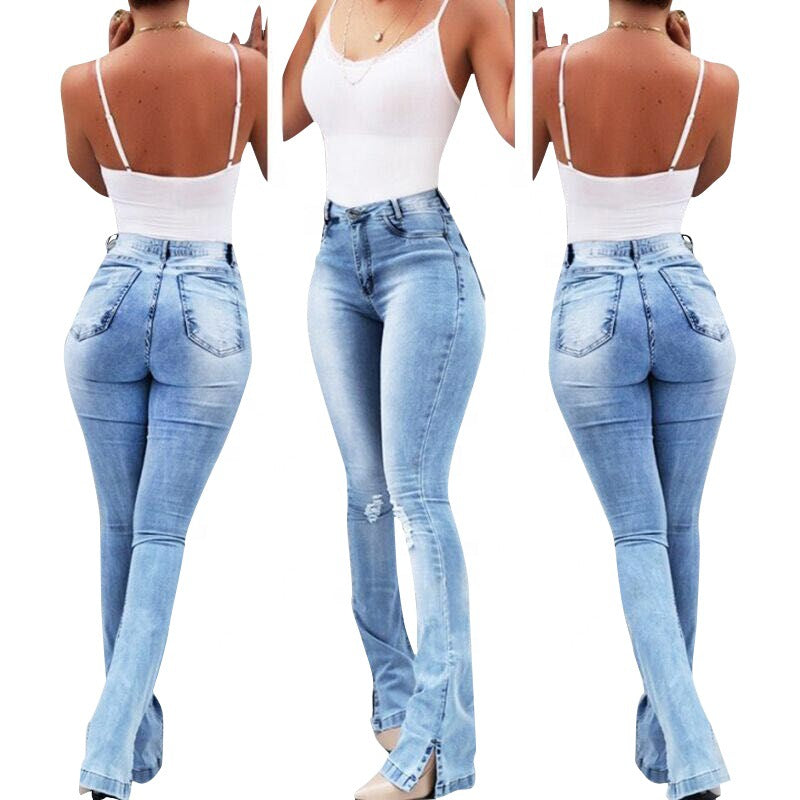 Jean évasé taille haute élastique pour femmes