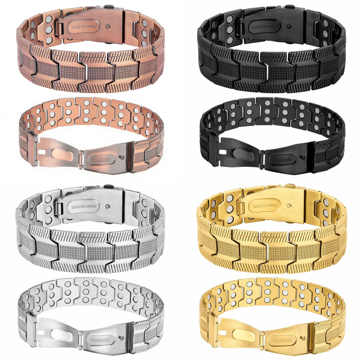 Bracelet magnétique en cuivre à trois rangées, finition brossée par galvanoplastie et fermoir déployant.