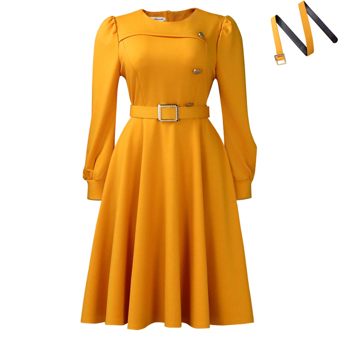 Habit :Robe élégante pour femme, col rond, manches longues, taille haute, coupe trapèze