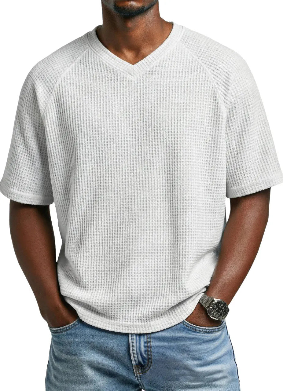 T-shirt pour hommes à col en V, manches courtes, tricoté et tendance