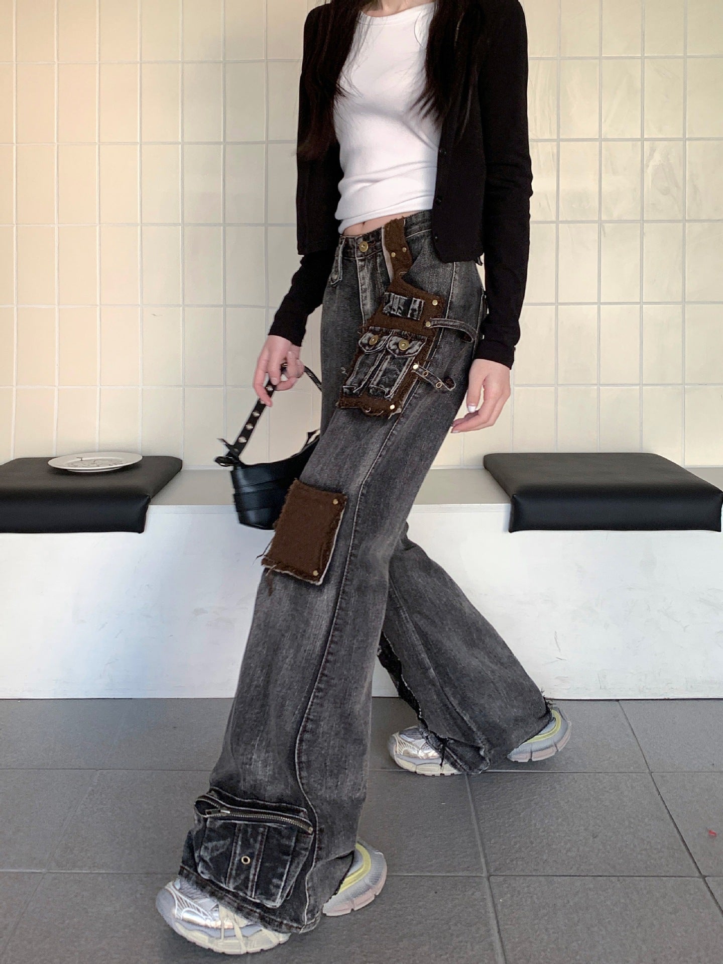 Pantalon en denim à patchs lavé