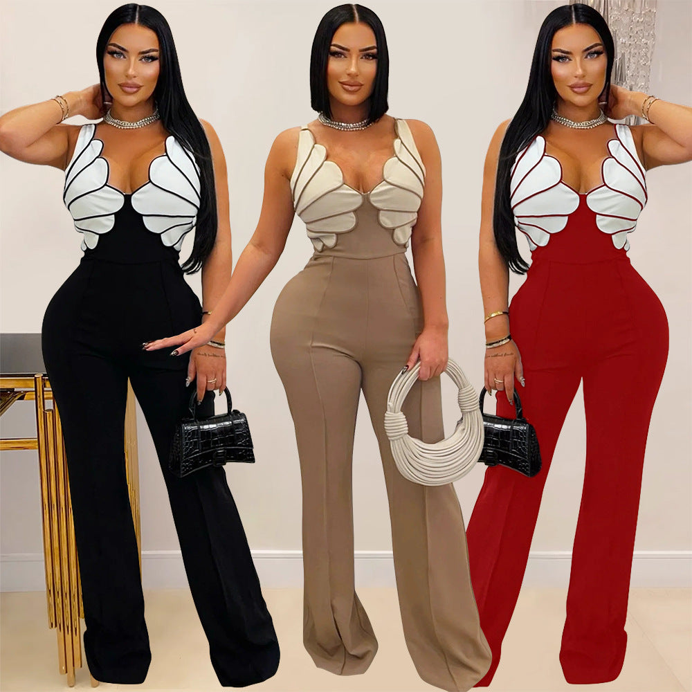Habit :Combinaison moulante sexy sans manches à col en V pour femme