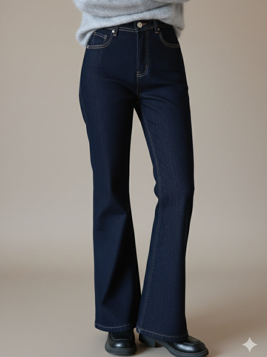 Jean bootcut en denim doublé en polaire, pantalon stretch taille haute