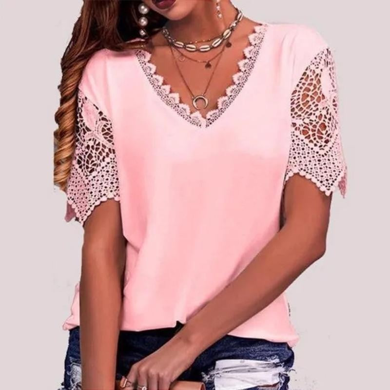 T-shirt pour femmes à col en V avec bordure en dentelle et manches courtes