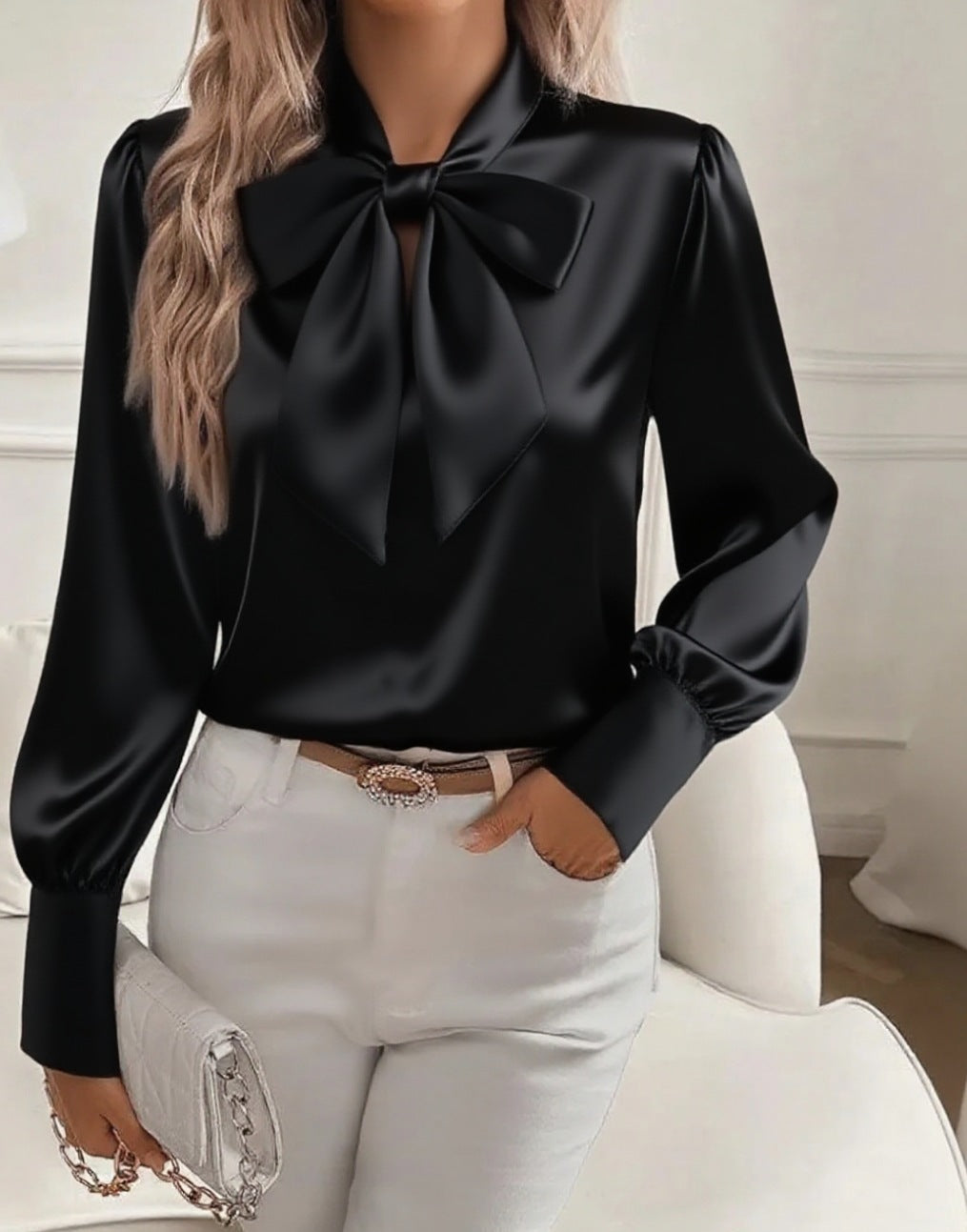 Blouse en satin avec nœud pour femmes