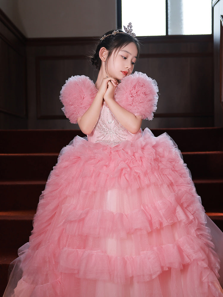 Robe de spectacle pour filles en lin rose