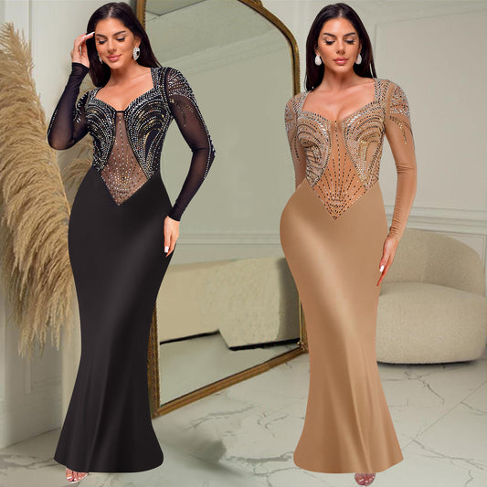 Vêtements pour femmes Vente chaude Nouvelle mode Robe sexy moulante à la taille avec diamant, couleur unie