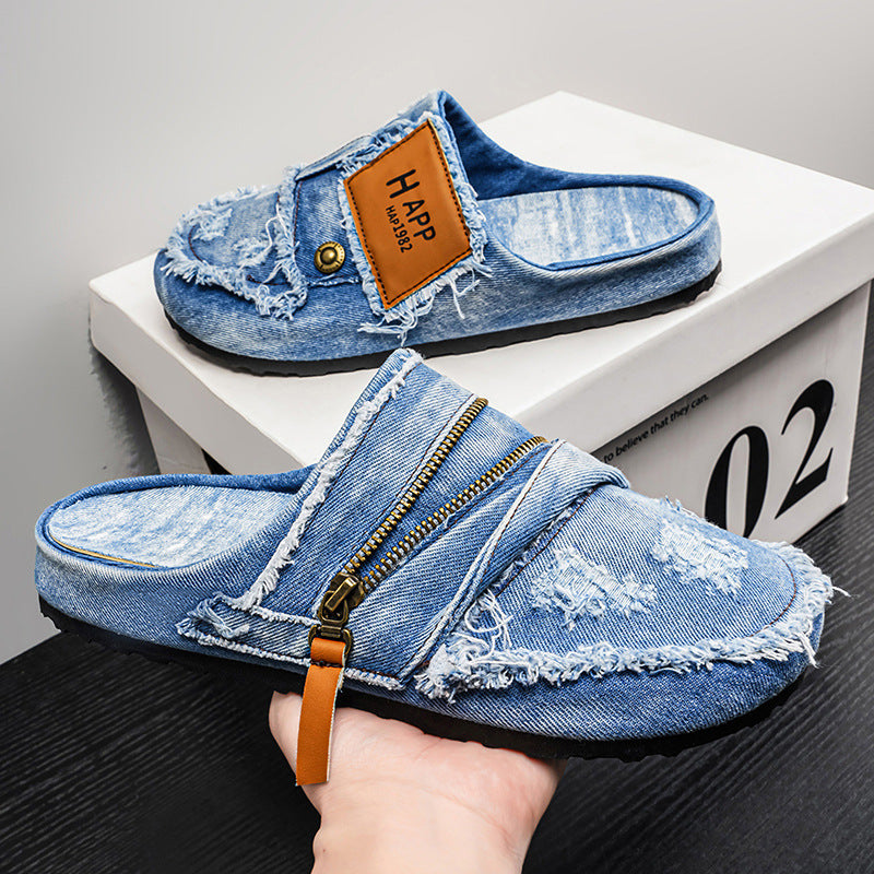 Sandales rétro en denim à bout fermé, chaussures tendance et élégantes pour hommes, collection été 2026.