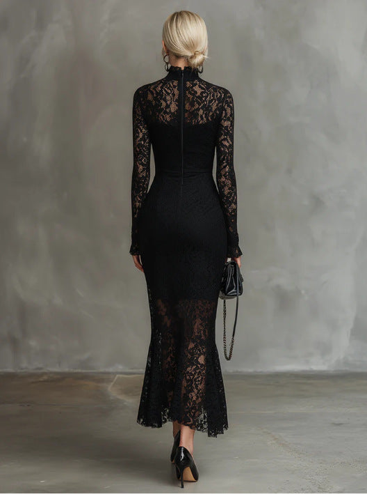 Robe sirène élégante en dentelle extensible noire