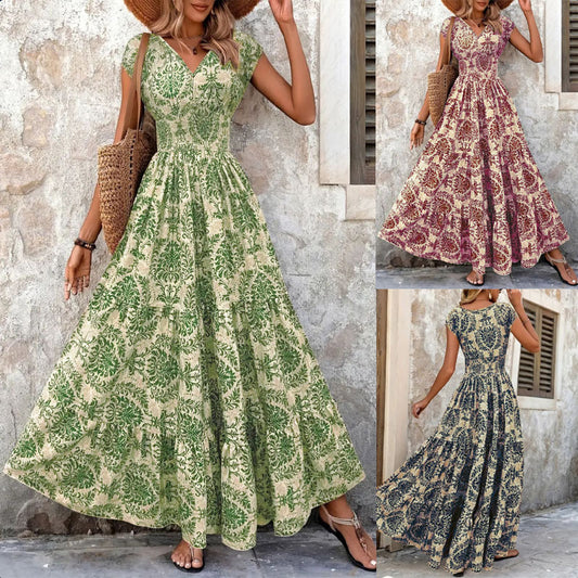 Robe rétro imprimée Robe élégante à manches courtes à col en V et à la mode