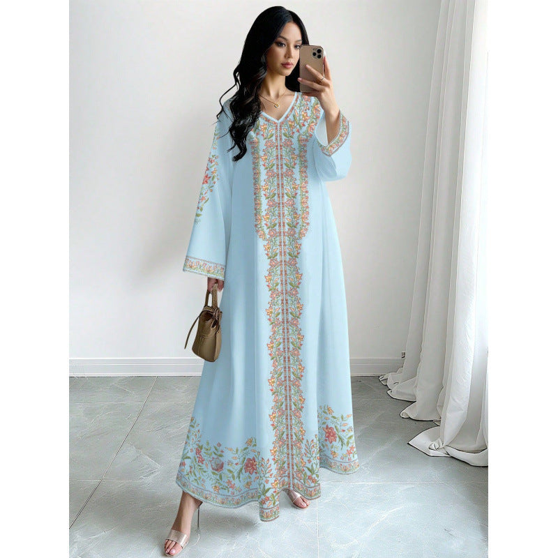 Robe longue à col en V avec imprimé floral