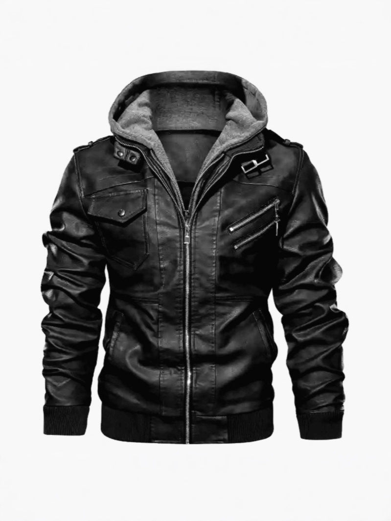 Veste à capuche avec col montant en cuir PU