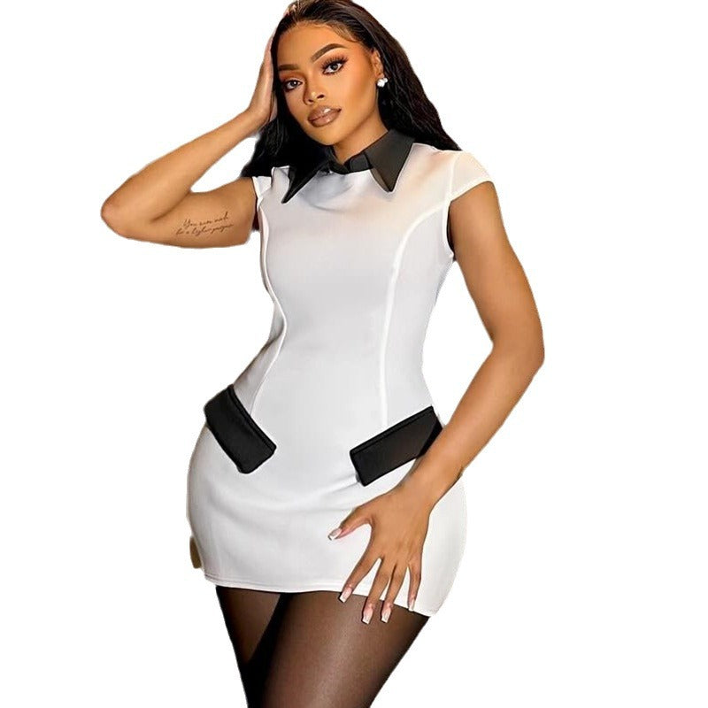 Habit :Robe moulante bicolore pour femme, coupe ajustée, avec revers et poches