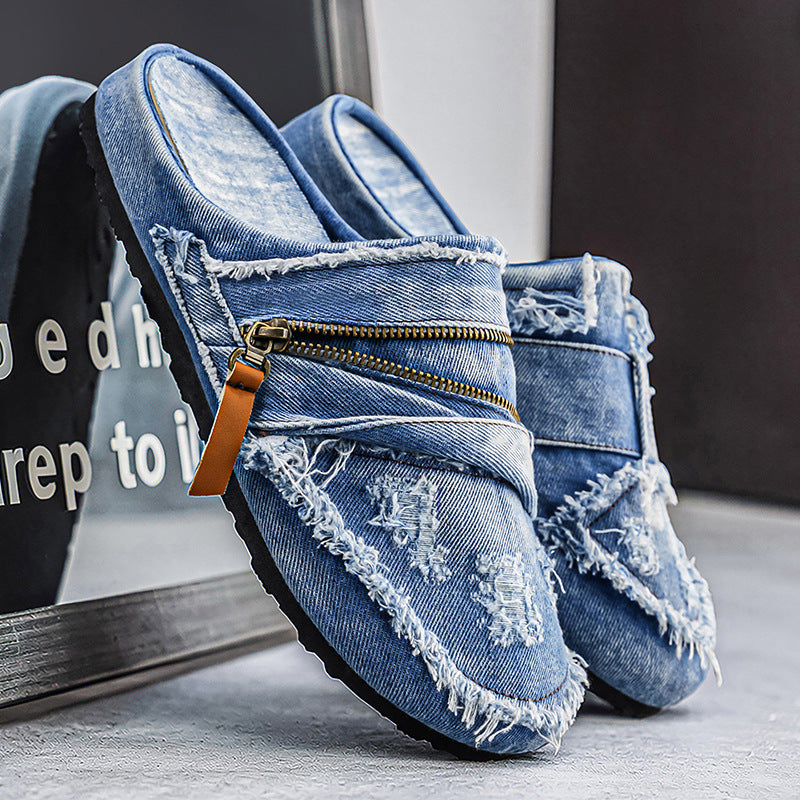 Sandales rétro en denim à bout fermé, chaussures tendance et élégantes pour hommes, collection été 2026.