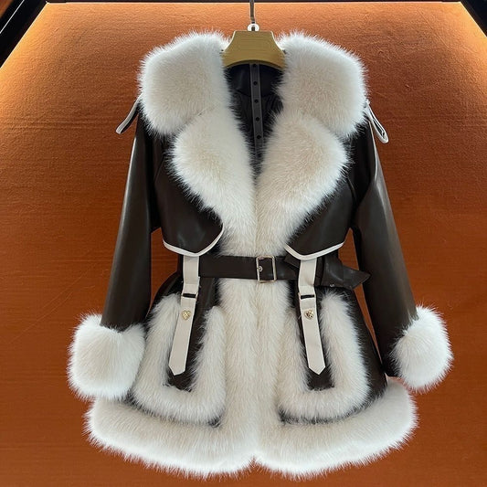 Manteau en fourrure mi-long pour femmes avec grand col en fourrure et ceinture