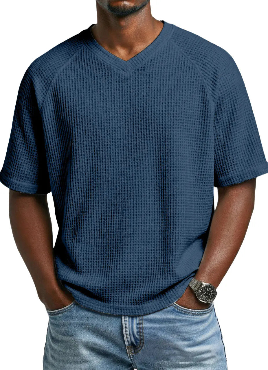 T-shirt pour hommes à col en V, manches courtes, tricoté et tendance