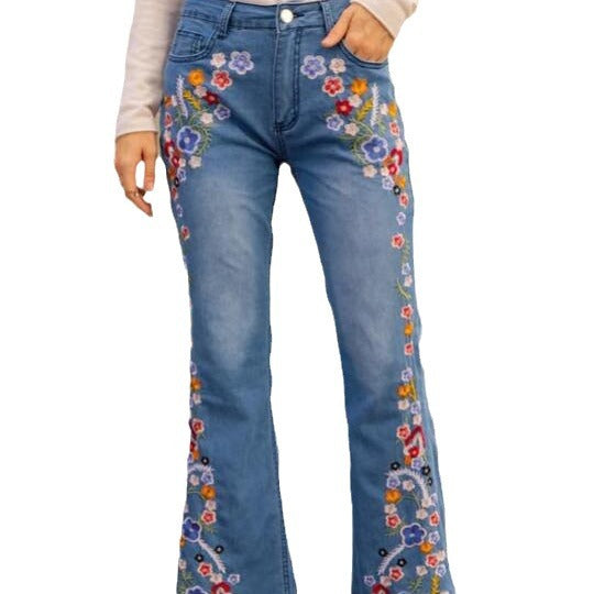 Pantalon en jean évasé brodé pour femme