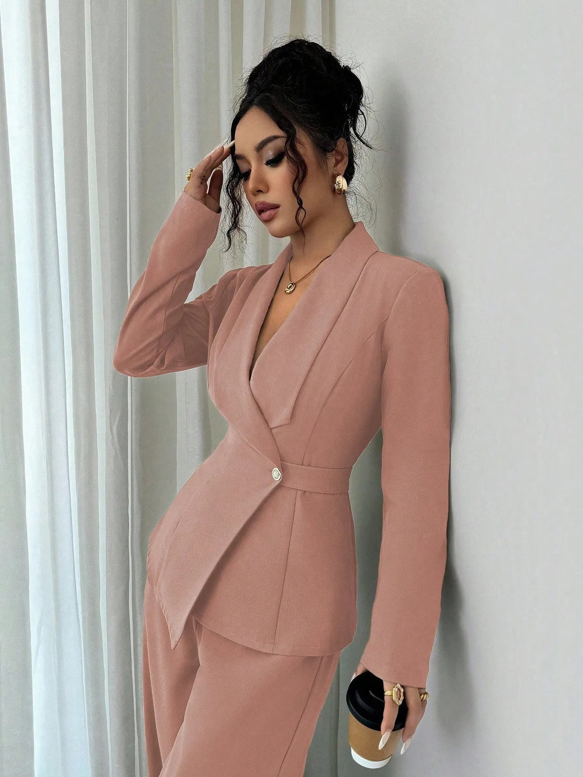 Ensemble deux pièces pour femme : veste longue à col en V et pantalon à jambes larges